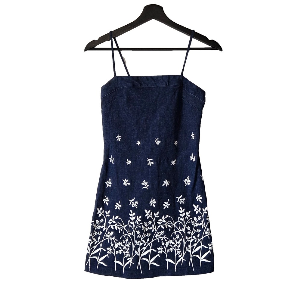 Vtg 90s 'In Charge' Rave Denim Mini Dress Glitter Floral Border Print Y2K Sz S